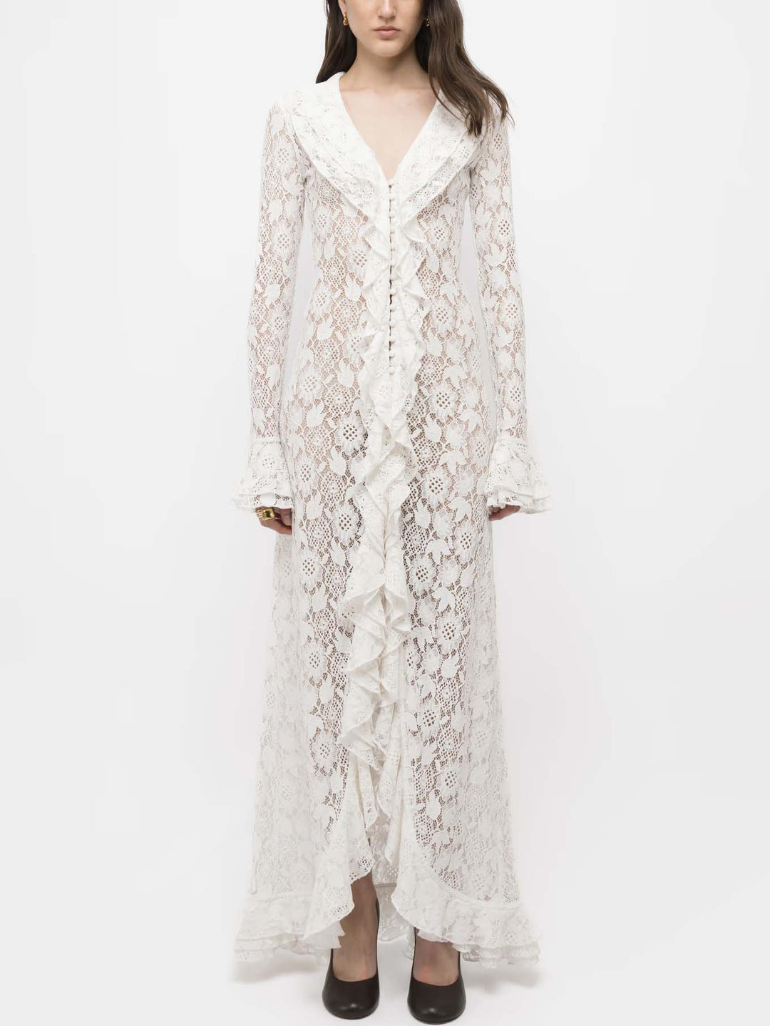 Ruffled Lace Front Slit Maxi Dress