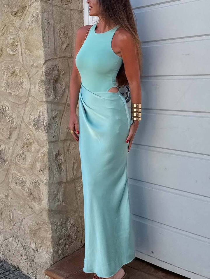 Elegant Waist Pleated Hollow design Maxi Dress