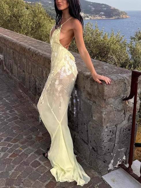 V-neck Backless Sequined Fishtail Maxi Dress