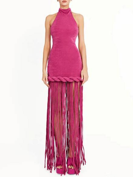 Halter Neck Backless Tassel Design Maxi Dress