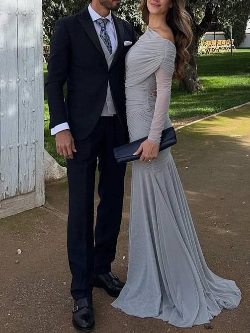 Cross Pleated Design Long Sleeve Maxi Dress