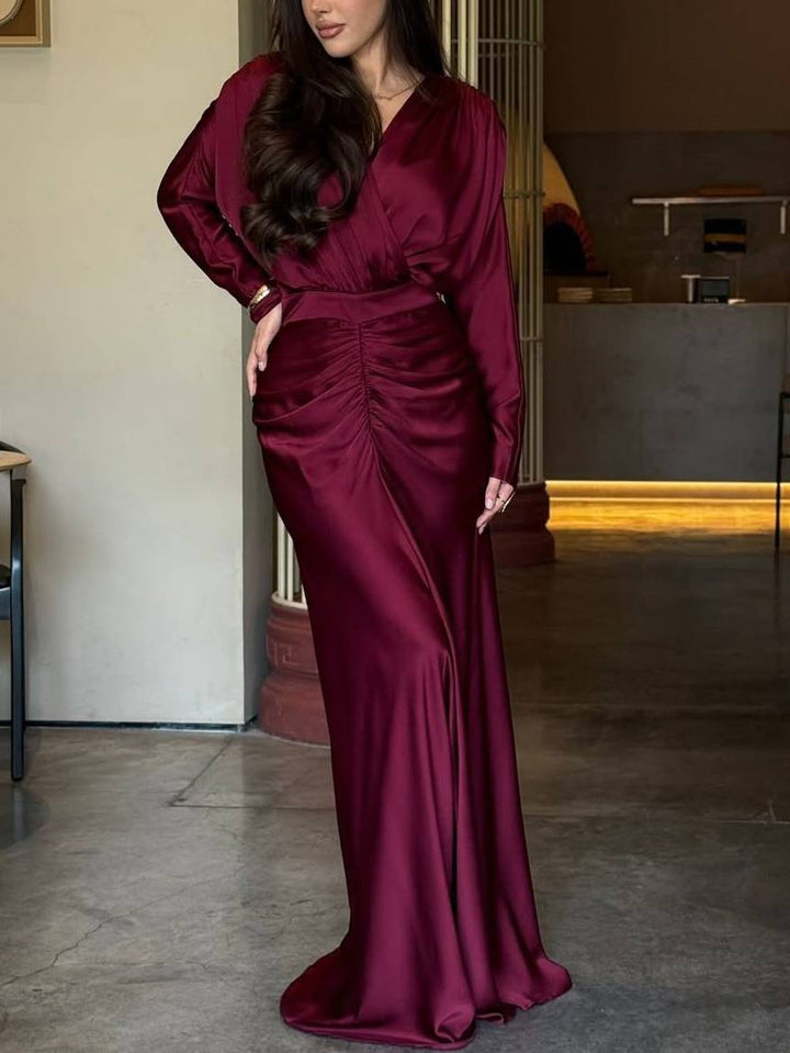 V-Neck Pleated Long Sleeve Maxi Dress