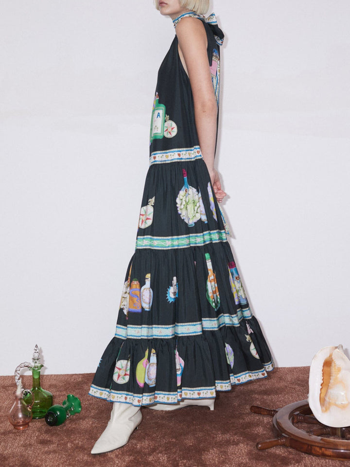 Unique Retro Fun Print Layered A-line Maxi Dress