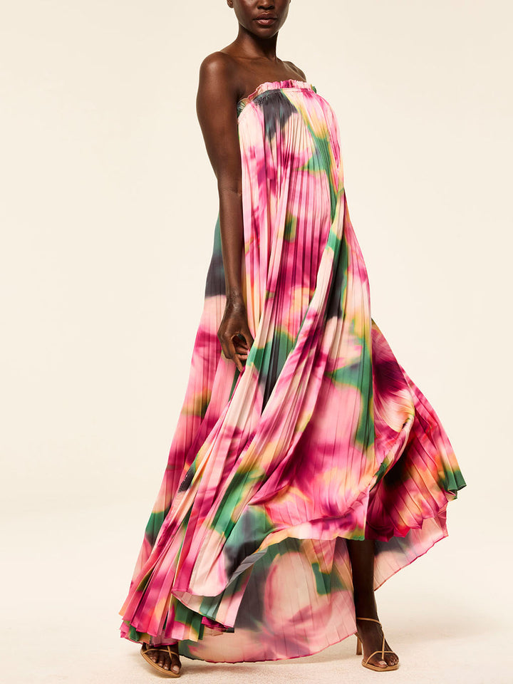 Elegant Hibiscus Print Pleated Maxi Dress