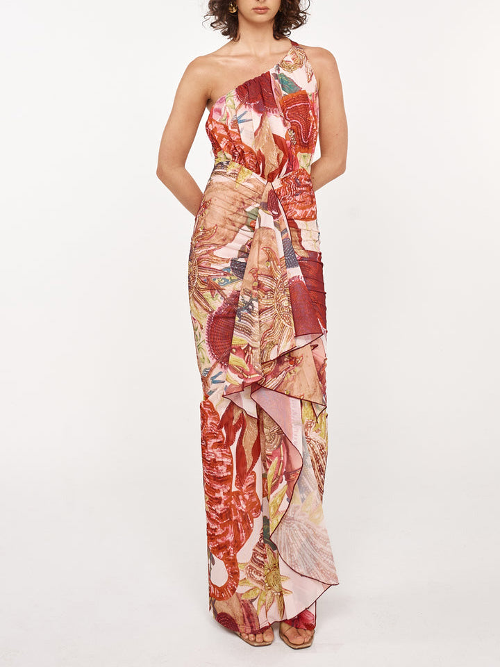 Retro Abstract Print One Shoulder Pleated Maxi Dress