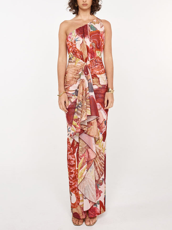 Retro Abstract Print One Shoulder Pleated Maxi Dress