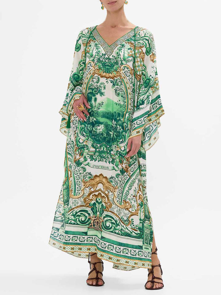 Unique Floral Print Drop-shoulder Sleeve Maxi Dress