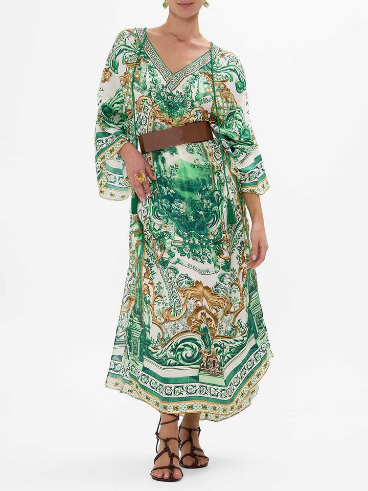 Unique Floral Print Drop-shoulder Sleeve Maxi Dress