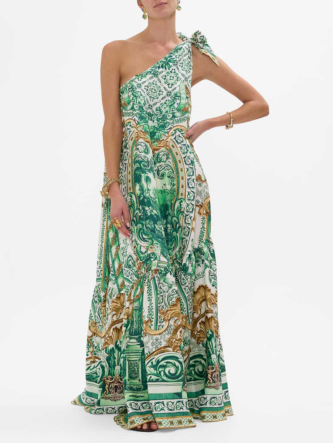 Unique Retro Palace Print Lace-up One-shoulder Maxi Dress