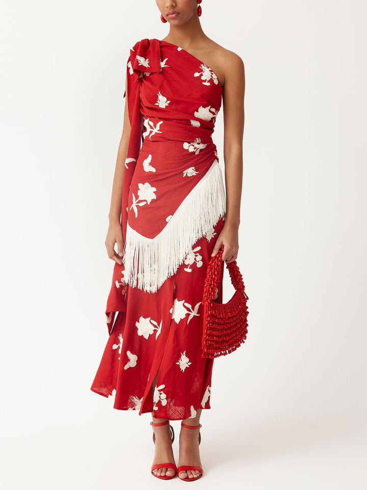 Exquisite Asymmetric One-shoulder Fringe Midi Dress