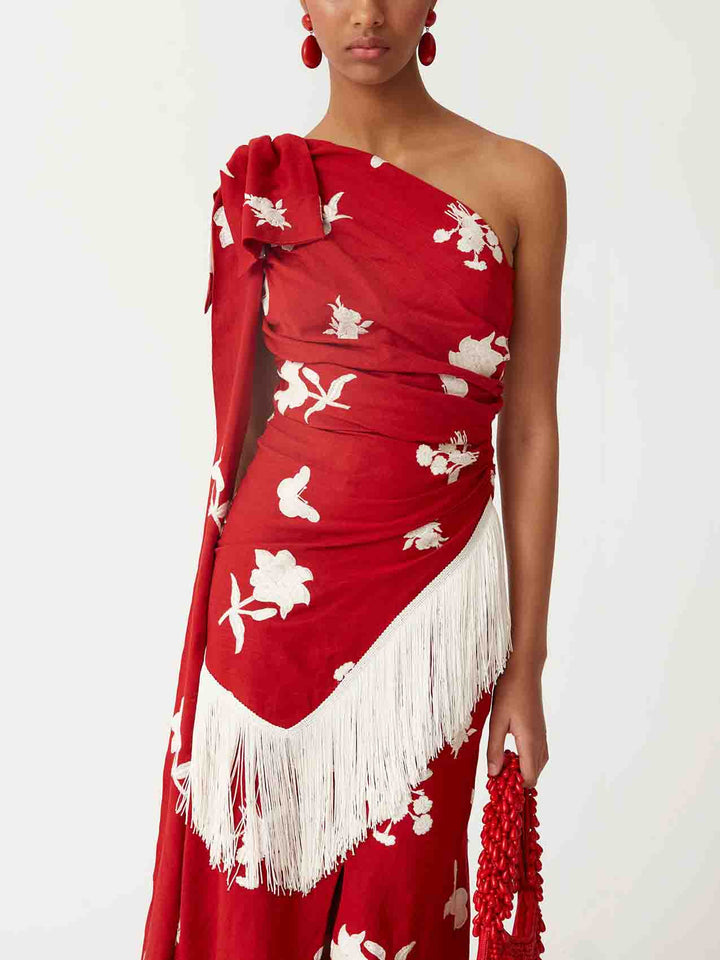 Exquisite Asymmetric One-shoulder Fringe Midi Dress