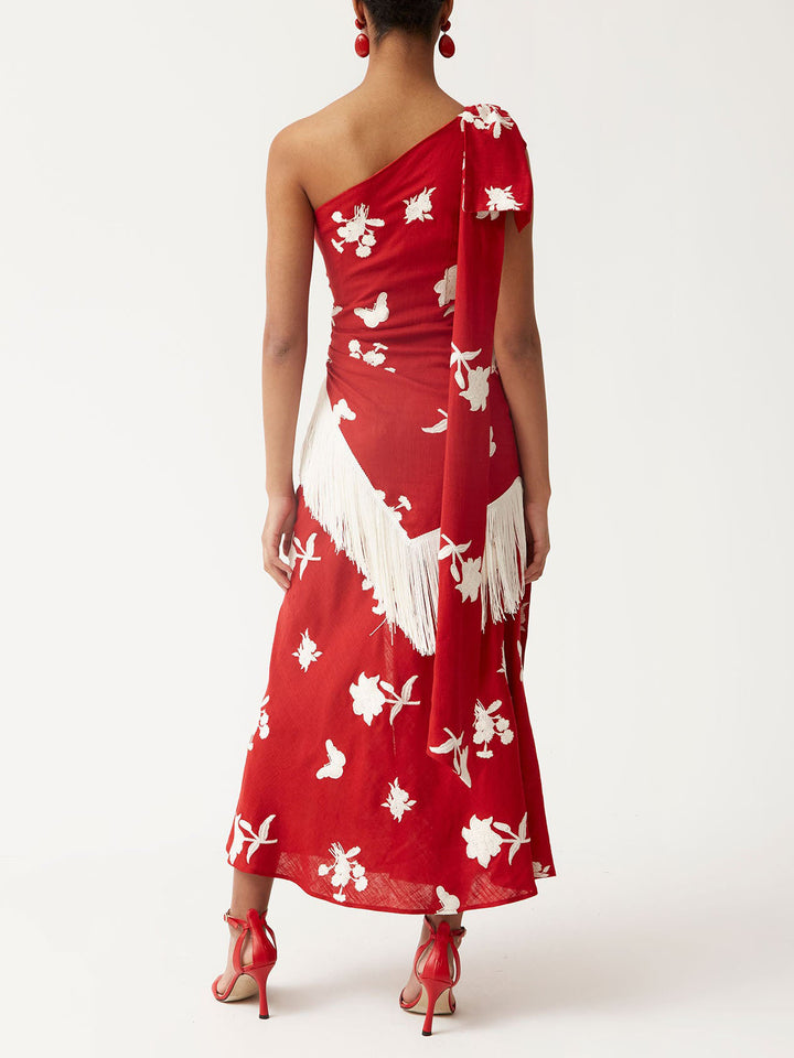Exquisite Asymmetric One-shoulder Fringe Midi Dress