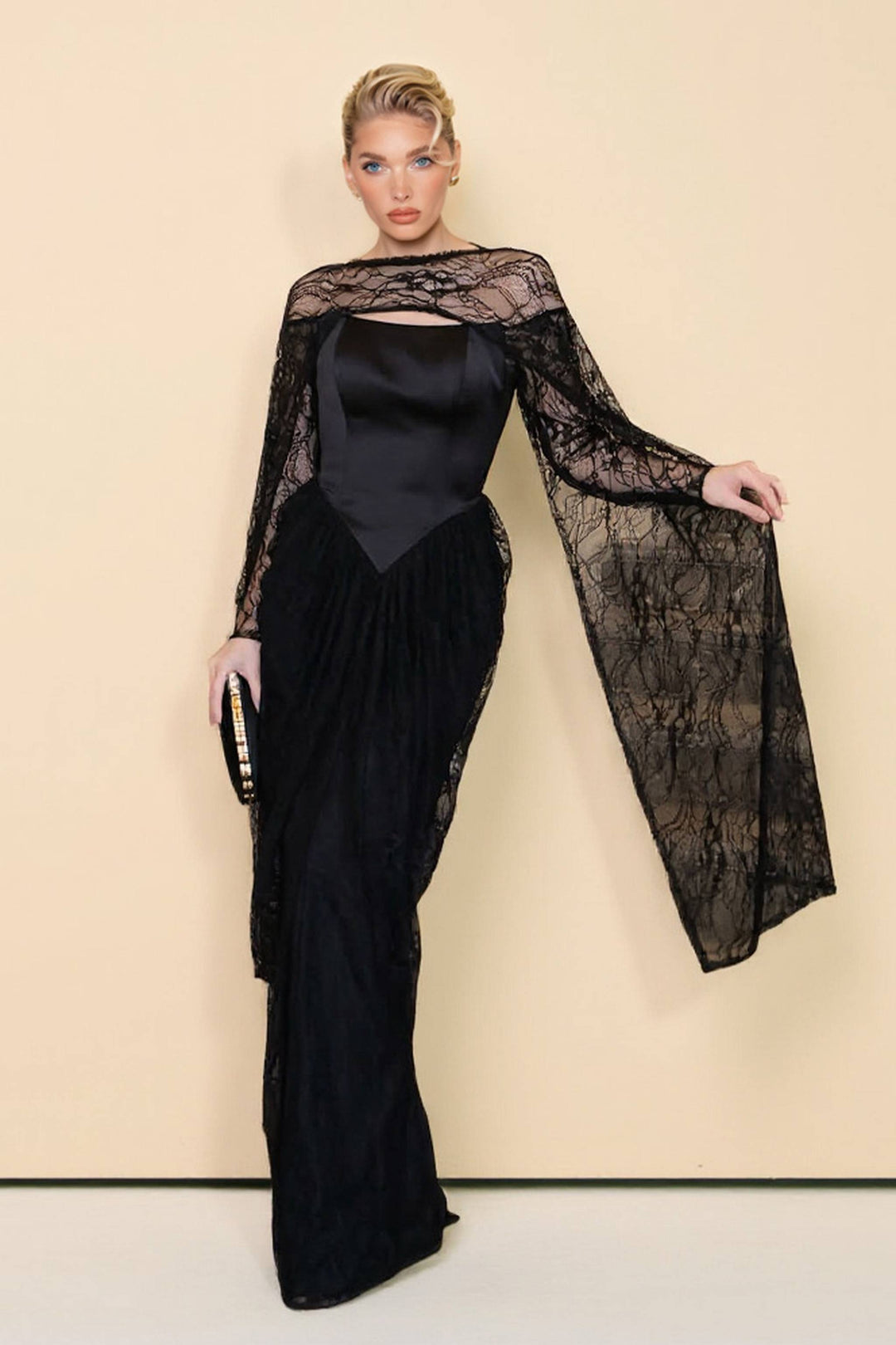 Lace Cape Off-shoulder Long Sleeve Maxi Dress