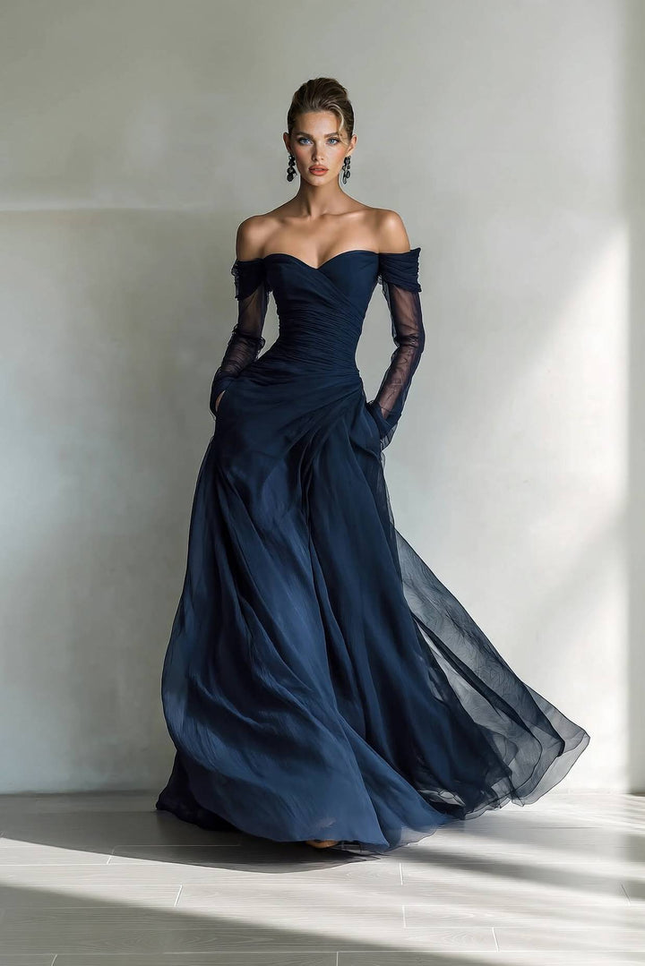 Off-Shoulder Mesh Splicing Maxi Dress