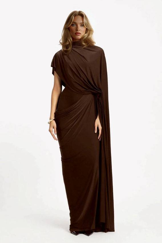Irregular Shawl Pleated Maxi Dress