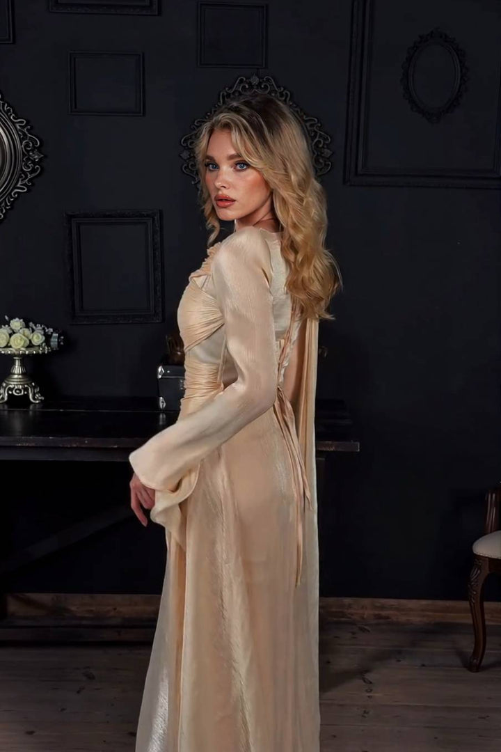 Pleated Ribbon Design Maxi Dress