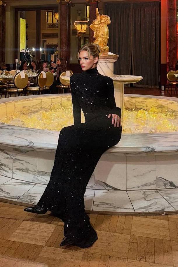 High-neck Shiny Slim-fit Maxi Dress