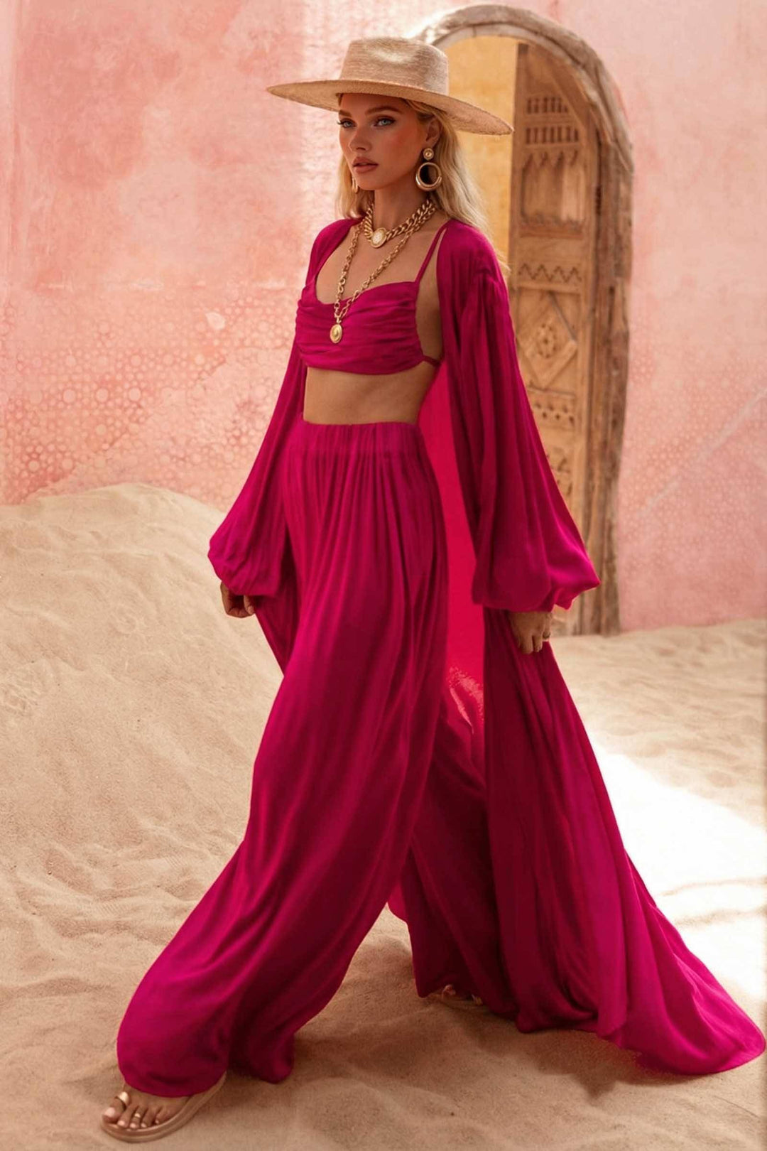 Sling Top And Wide-leg Pants and Jacket Three-piece Set