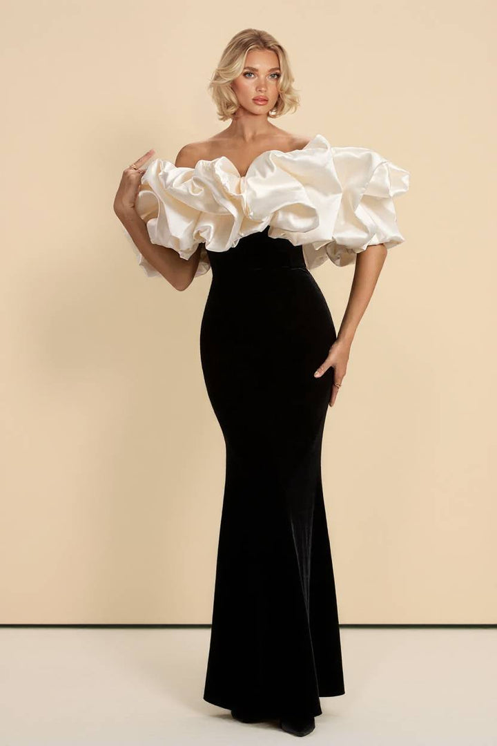 Off-Shoulder Color Contrast Velvet Splicing Maxi Dress