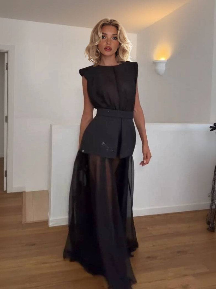 Unique Belt Perspective Skirt Maxi Dress