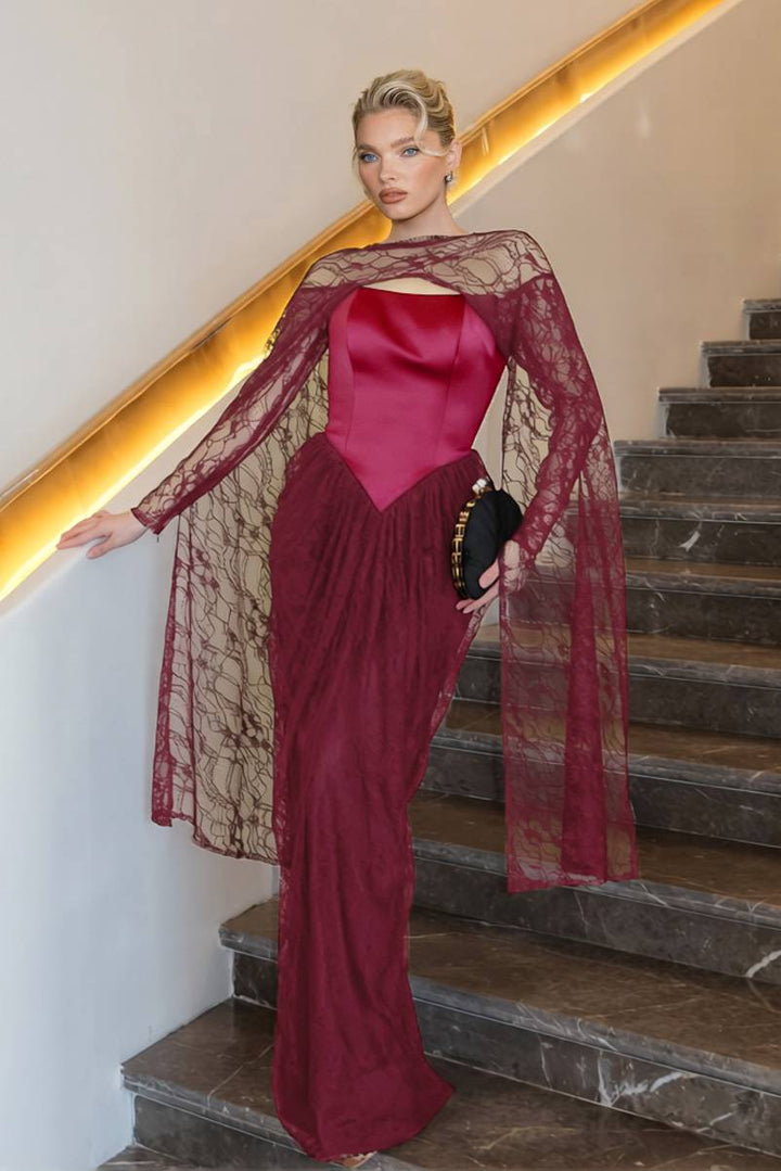 Lace Cape Off-shoulder Long Sleeve Maxi Dress