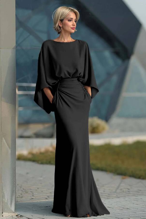 Boat Neck Backless Pleated Maxi Dress