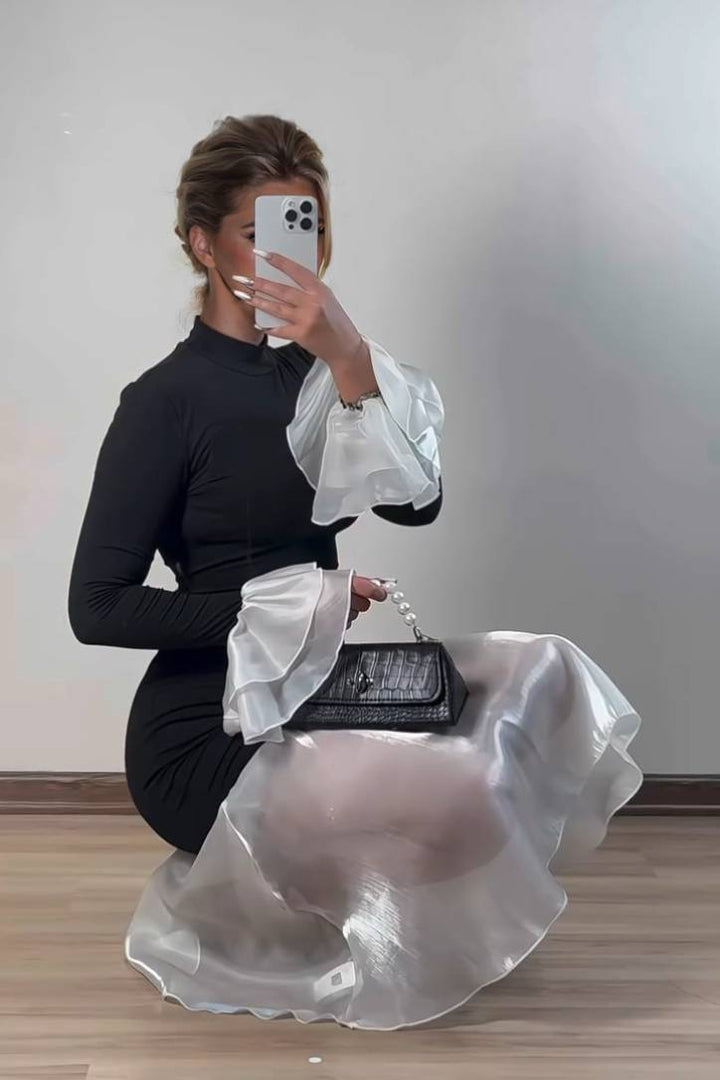 Color Contrast Fishtail Slim Fit Midi Dress