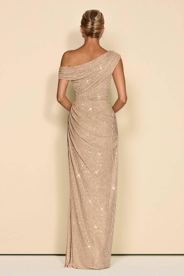 Off-Shoulder Shiny Pleated Maxi Dress