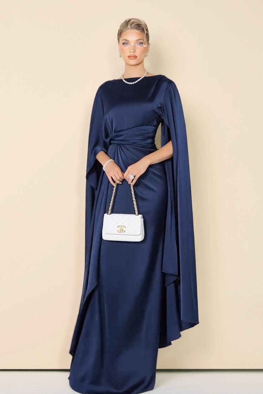 Boat Neck Pleated Satin Maxi Dress