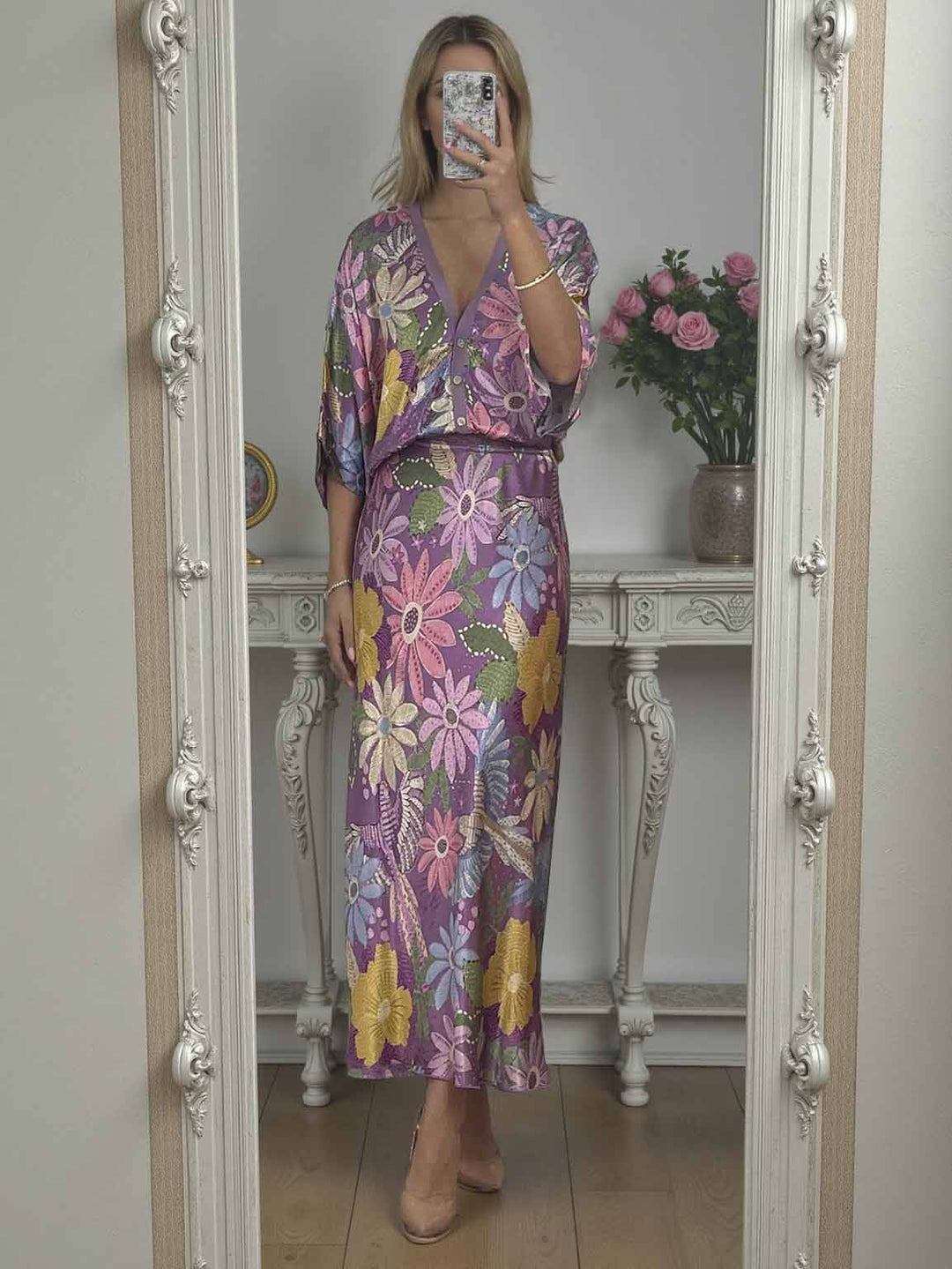 Exquisite Satin Floral Print Off-shoulder Shirt