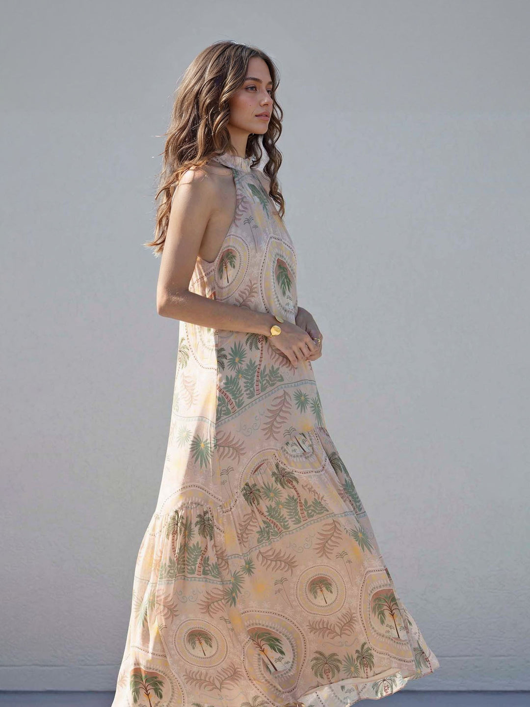 Exquisite Satin Holder Neck Palm Print Maxi Dress