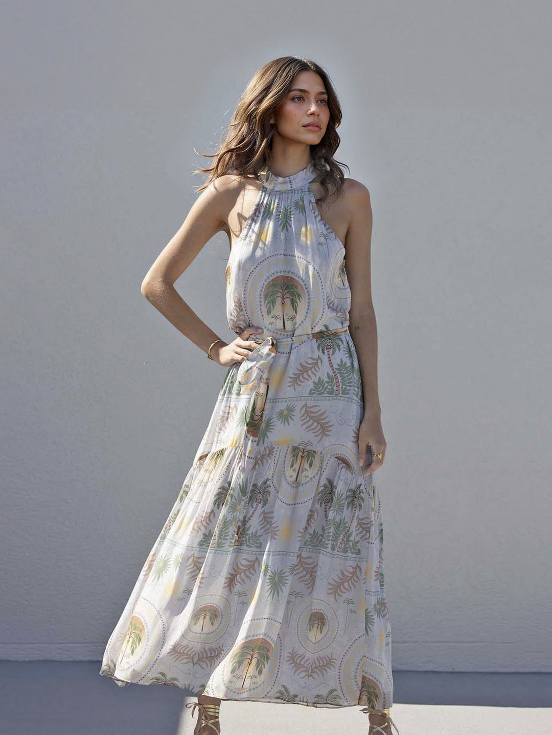Exquisite Satin Holder Neck Palm Print Maxi Dress