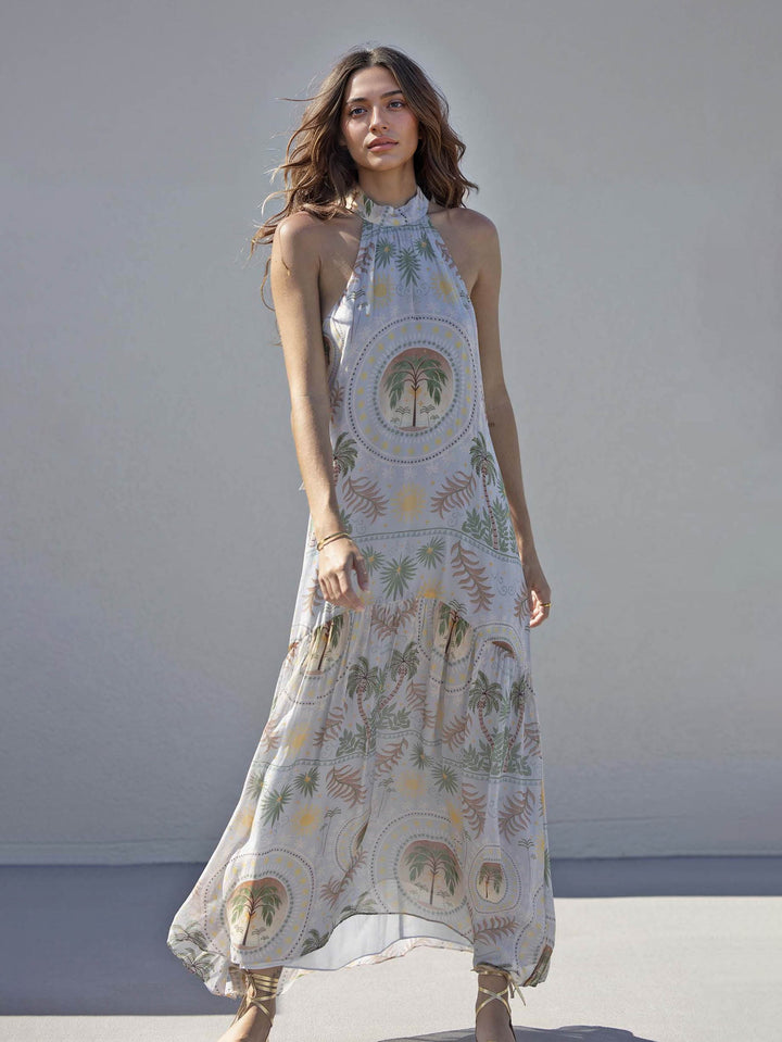 Exquisite Satin Holder Neck Palm Print Maxi Dress