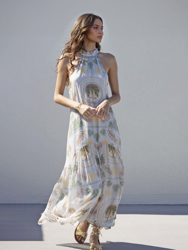 Exquisite Satin Holder Neck Palm Print Maxi Dress