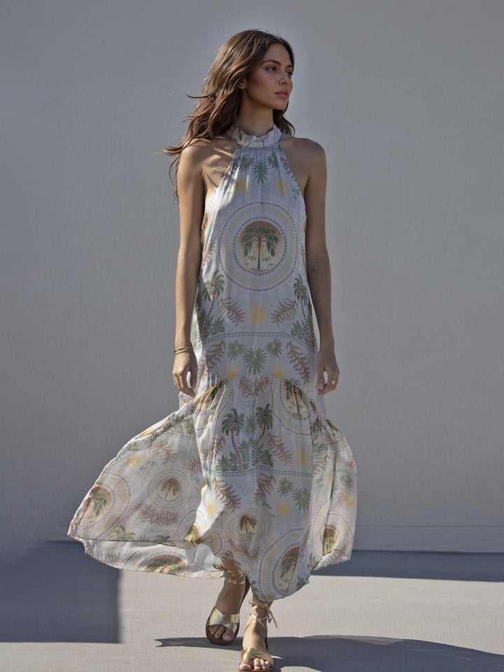 Exquisite Satin Holder Neck Palm Print Maxi Dress