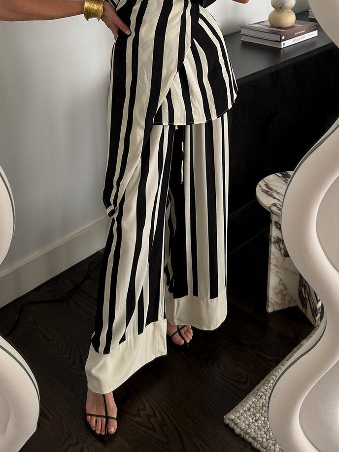 Classic Halterneck Black Striped Wide-leg Pants