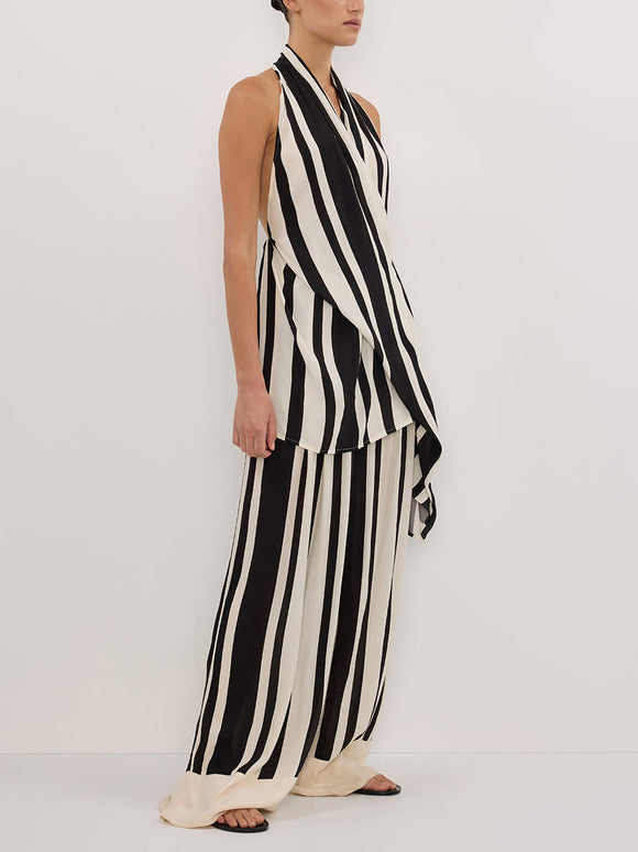 Classic Halterneck Black Striped Wide-leg Pants