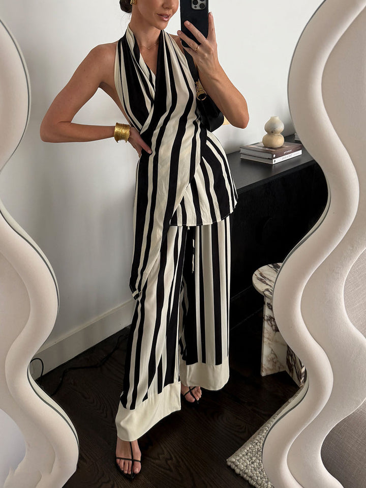 Classic Halterneck Black Striped Wide-leg Pants