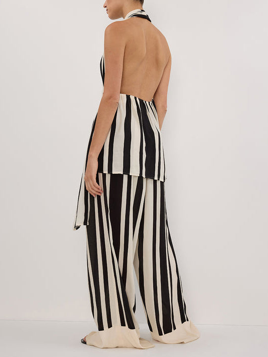 Classic Halterneck Black Striped Wide-leg Pants