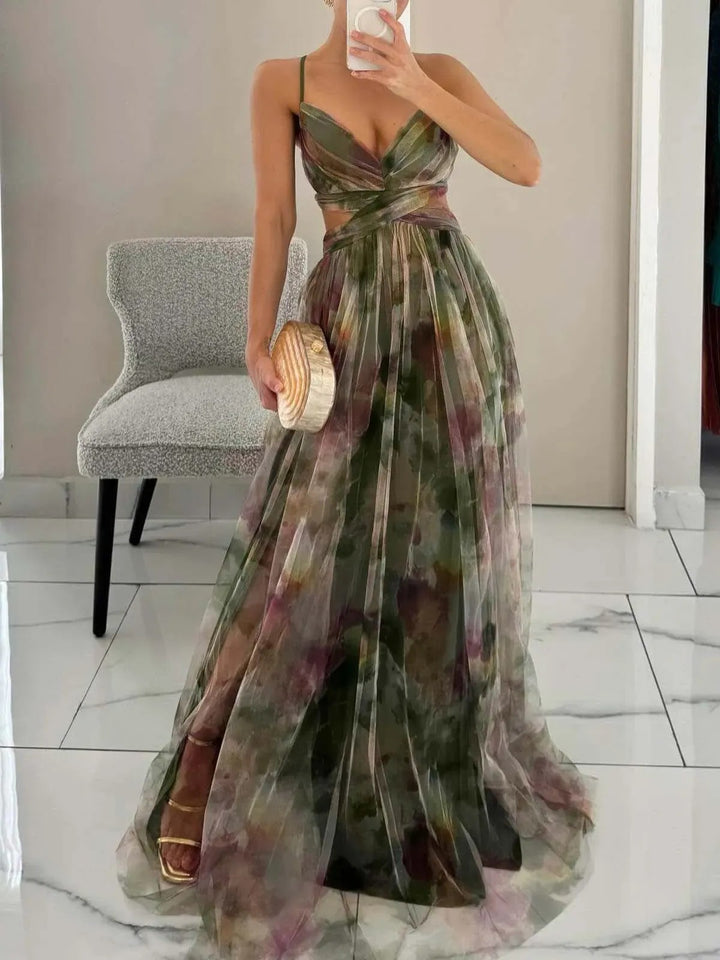 Vestido maxi elegante com estampa floral pintada e decote em V linha A