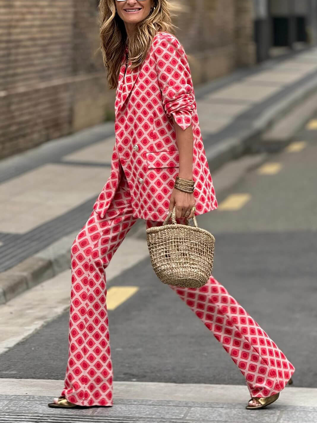 Blazer casual con bolsillo de manga larga y estampado geométrico