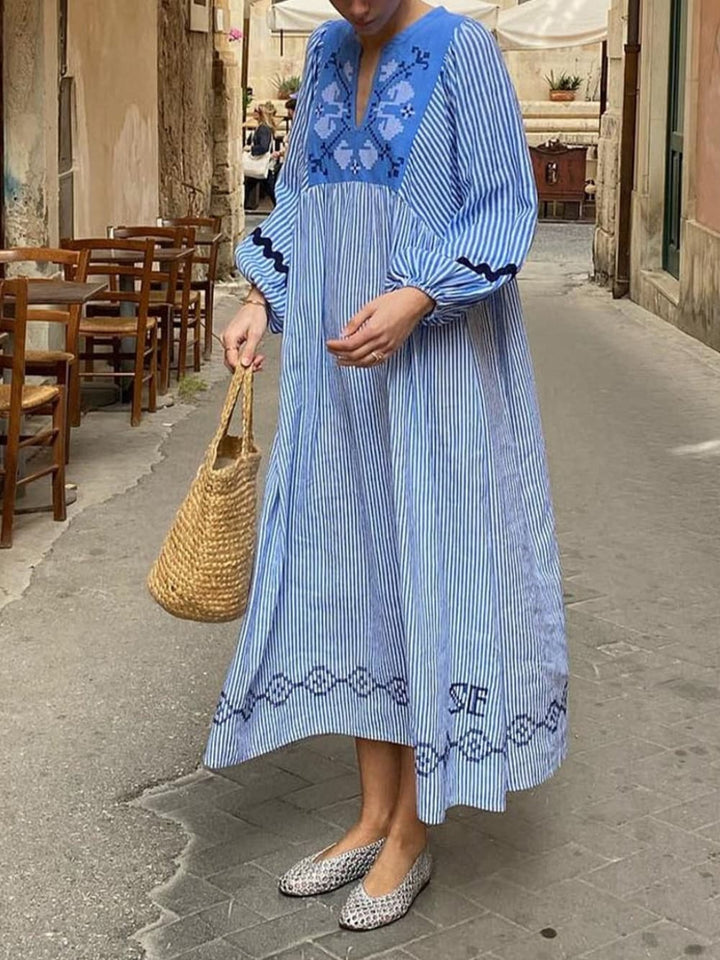 Unique Blue And White Striped Print Patchwork Loose Dress