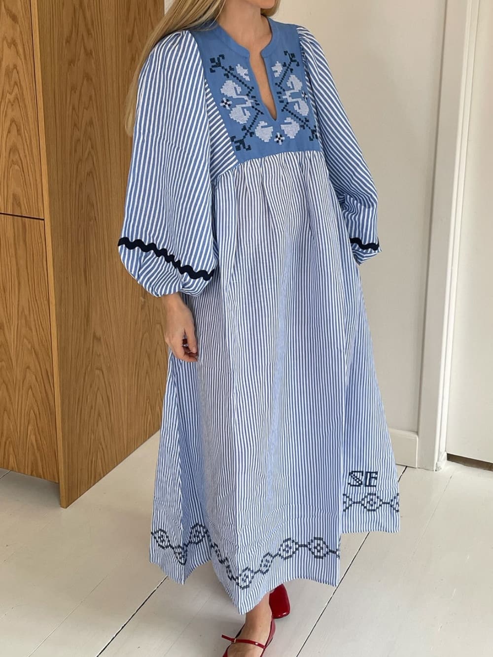 Unique Blue And White Striped Print Patchwork Loose Dress