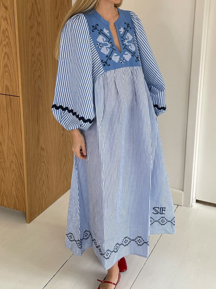 Unique Blue And White Striped Print Patchwork Loose Dress