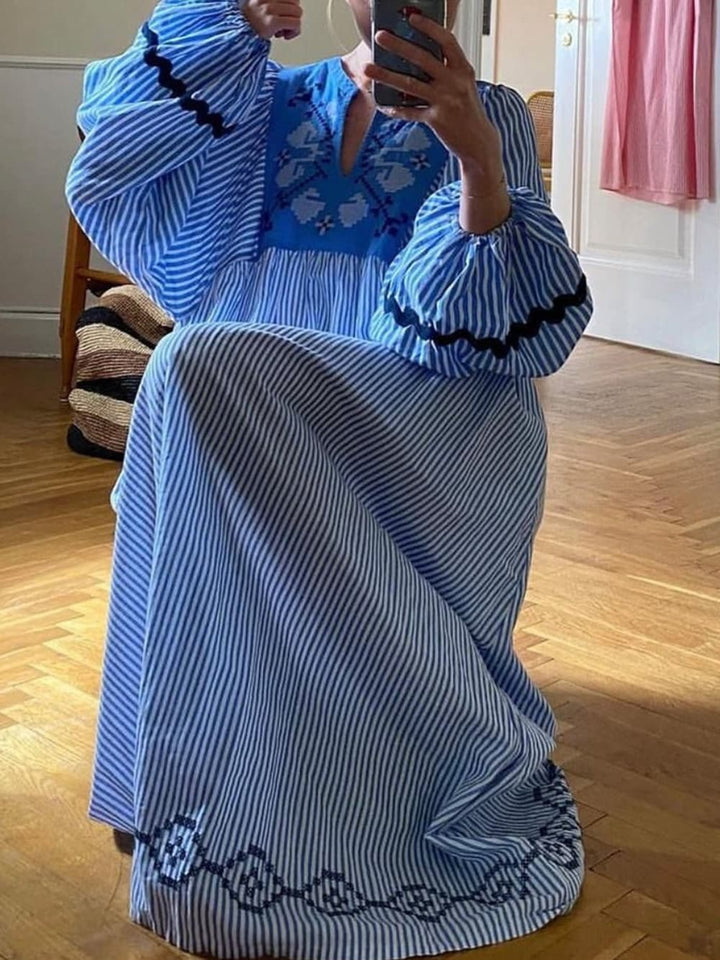 Unique Blue And White Striped Print Patchwork Loose Dress