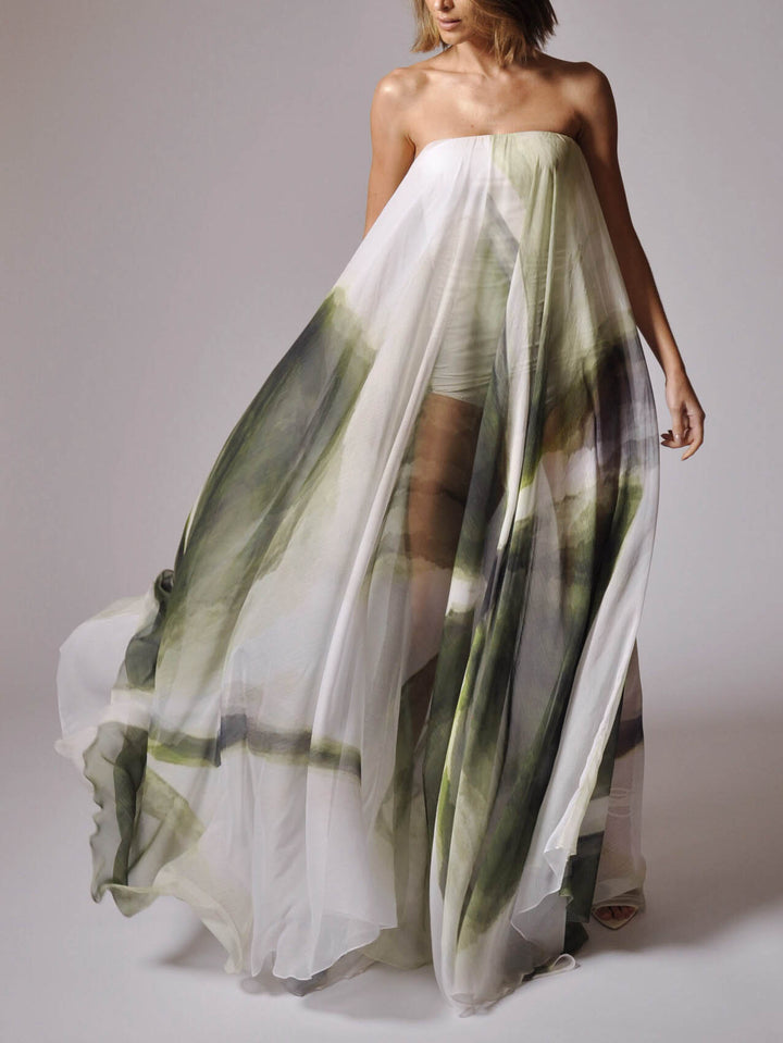 Unique Watercolor Abstract Print Flowy Maxi Dress