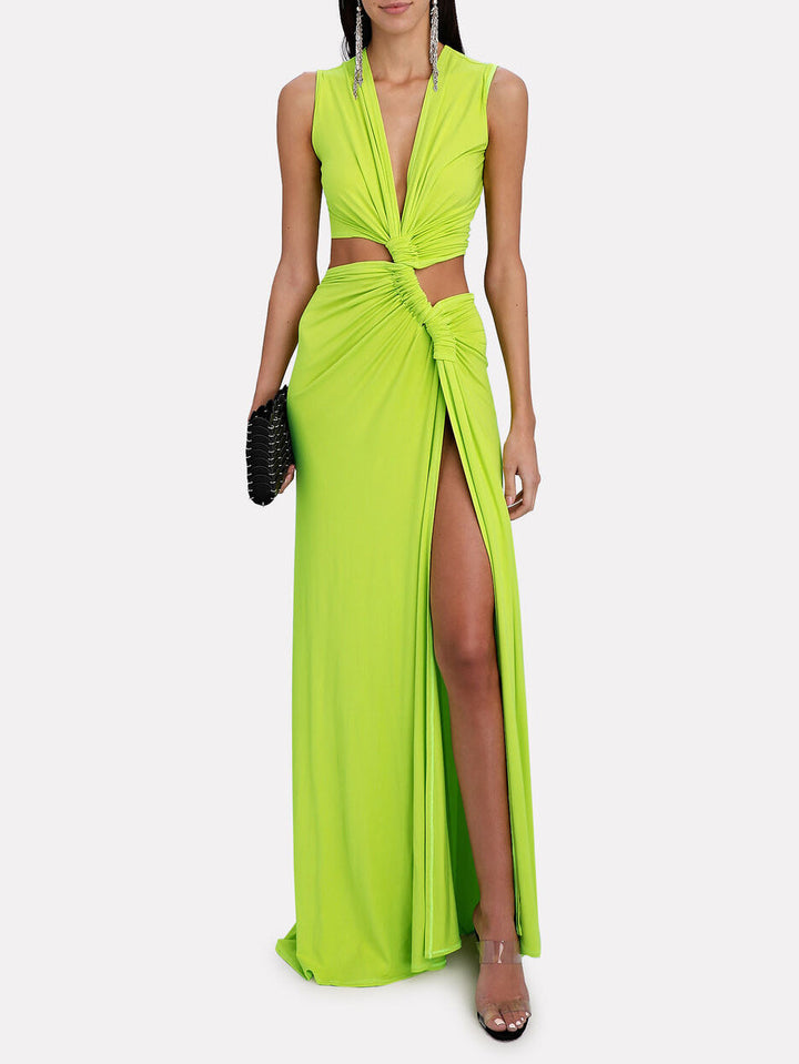 Modern Deep V-Neck Cutout Twist Knit Maxi Dress