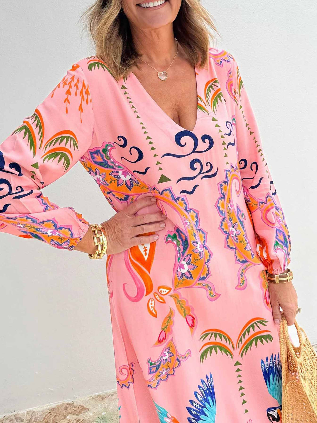 Unique Parrot Print Drop Shoulder Sleeve Maxi Dress