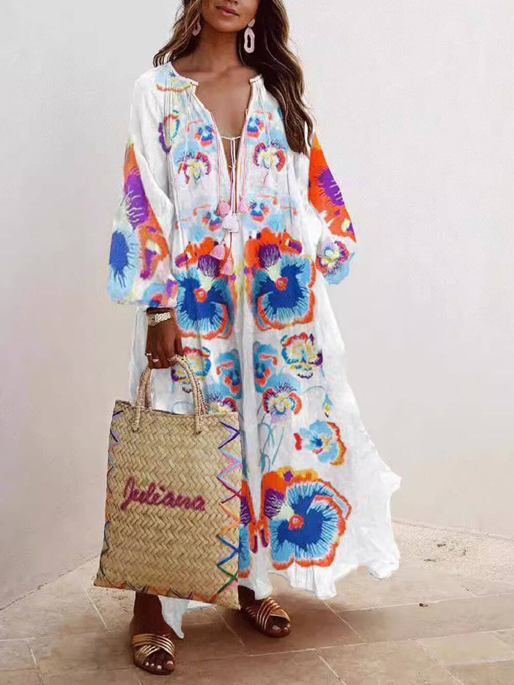 Fashion Floral Print Long Sleeve Swing Maxi Dress