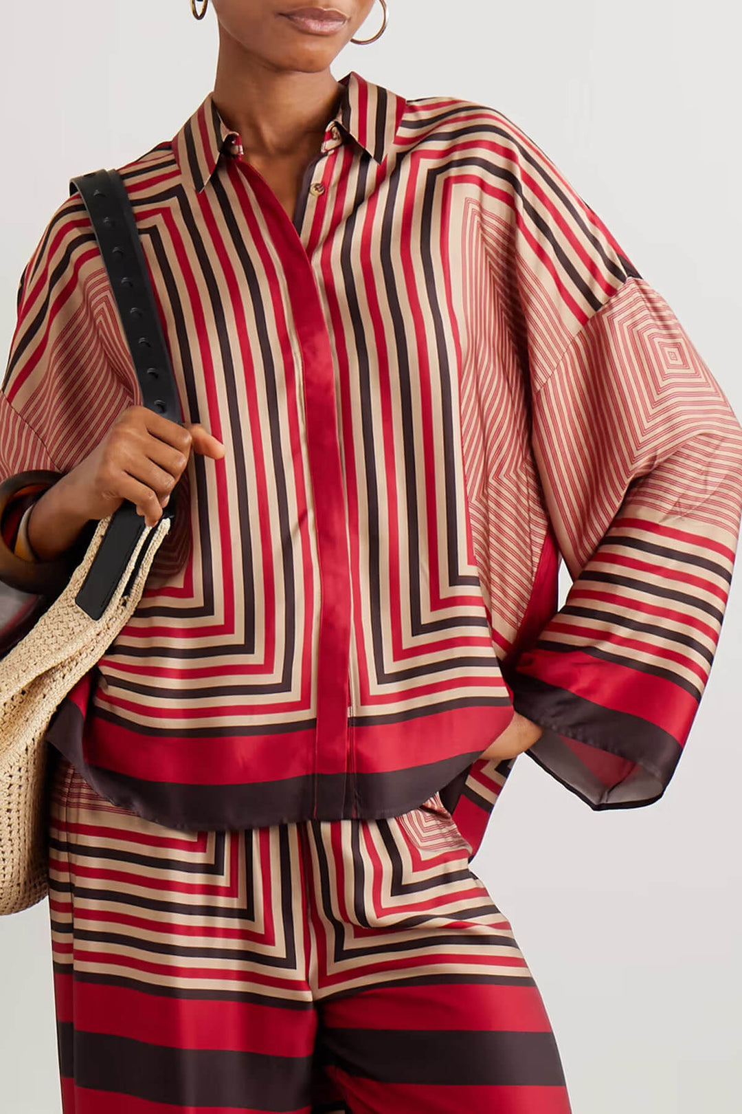 Unique Striped Print Satin Elastic-Waist Wide-Leg Pants